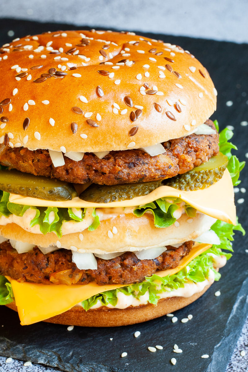 Meaty Vegan TVP Burger (Big Mac Style)